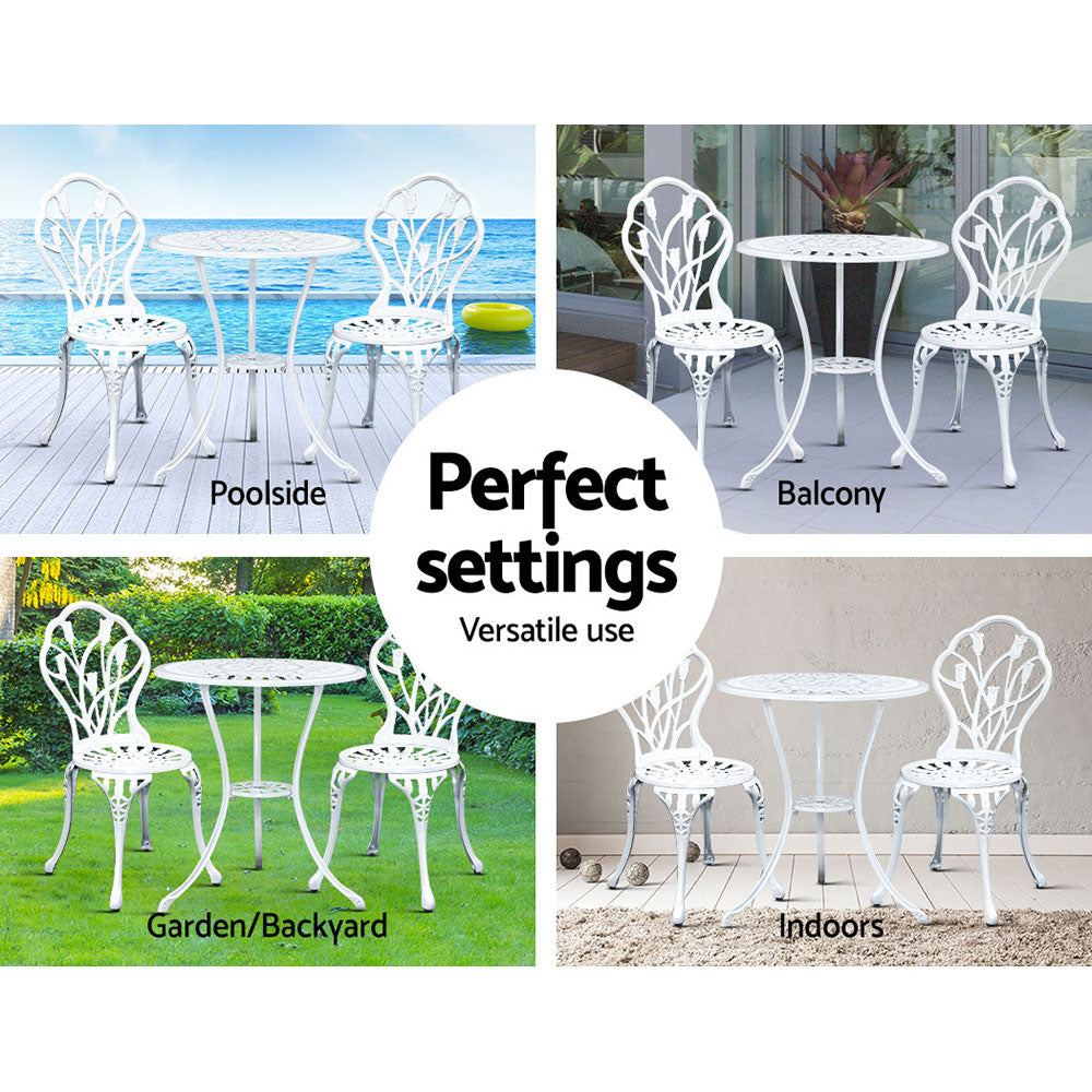 3PC Outdoor Bistro Set with Table & Chairs Cast Aluminum Patio Furniture - White