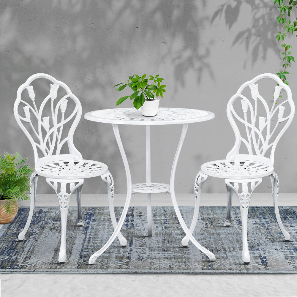 3PC Outdoor Bistro Set with Table & Chairs Cast Aluminum Patio Furniture - White