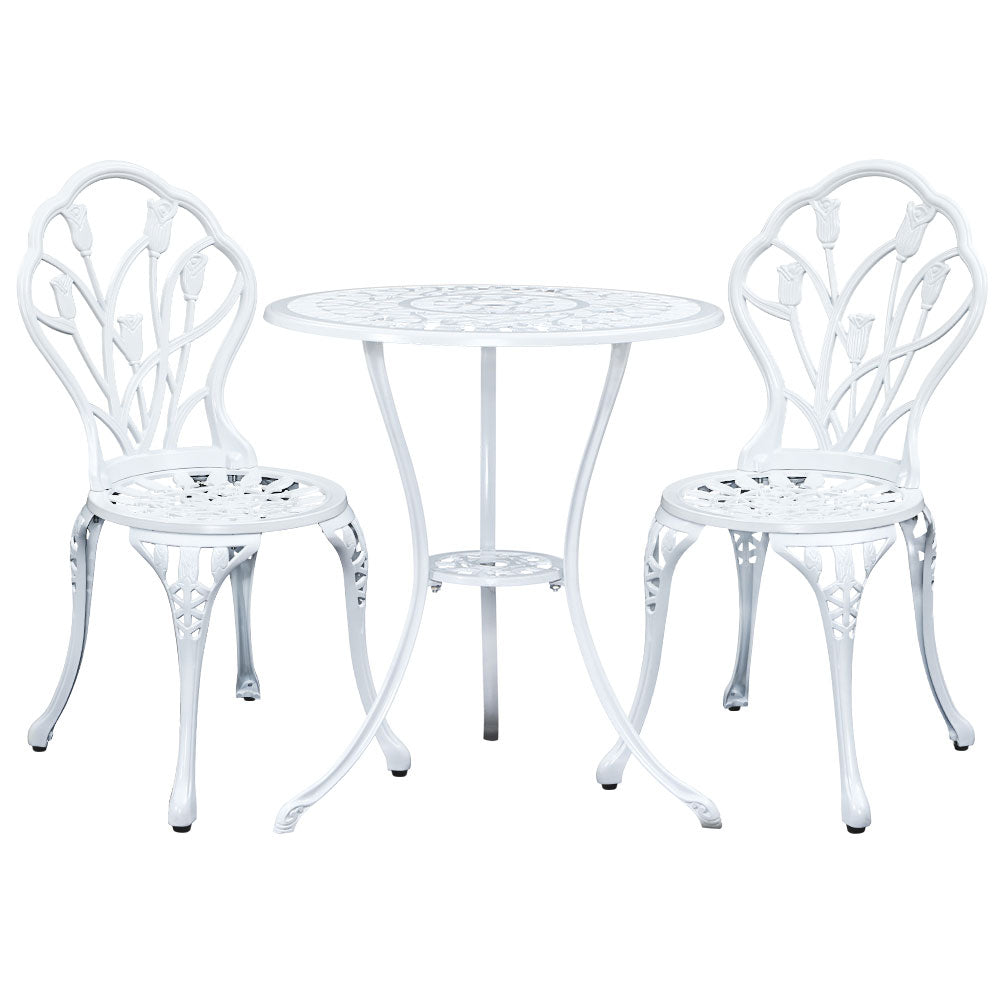 3PC Outdoor Bistro Set with Table & Chairs Cast Aluminum Patio Furniture - White