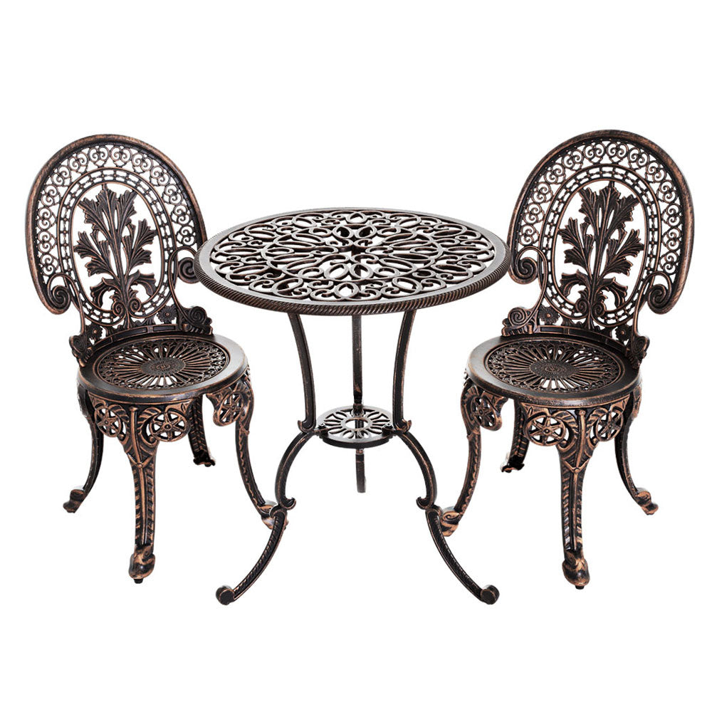 3PC Outdoor Patio Bistro Dining Set Aluminium Chairs and Table - Bronze