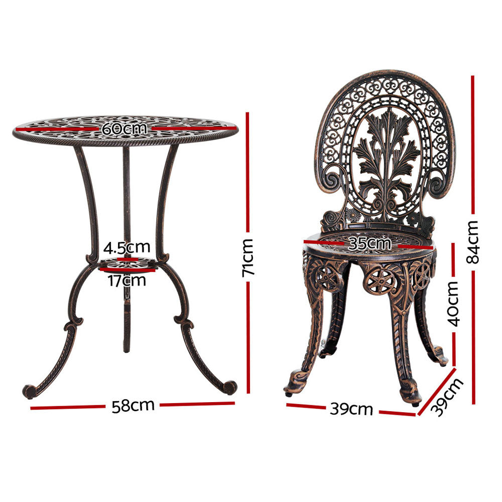 3PC Outdoor Patio Bistro Dining Set Aluminium Chairs and Table - Bronze