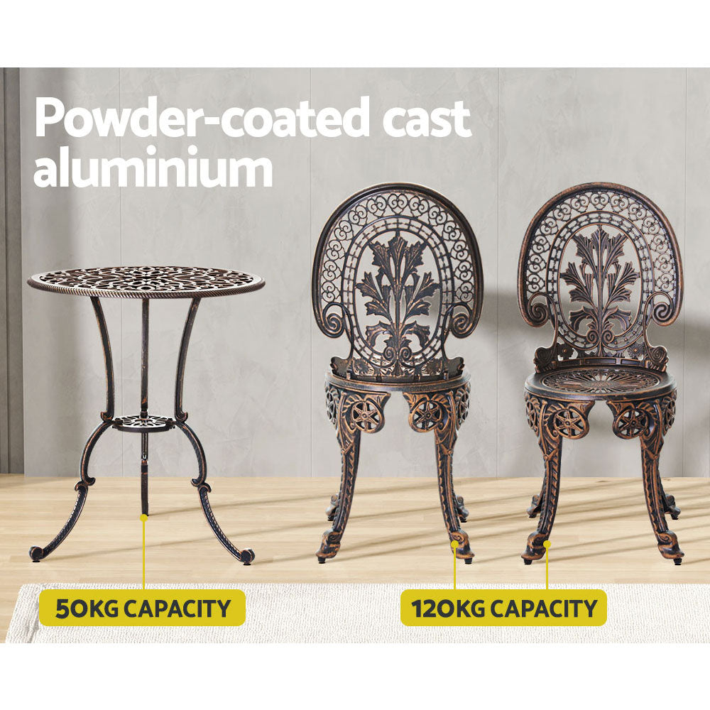 3PC Outdoor Patio Bistro Dining Set Aluminium Chairs and Table - Bronze