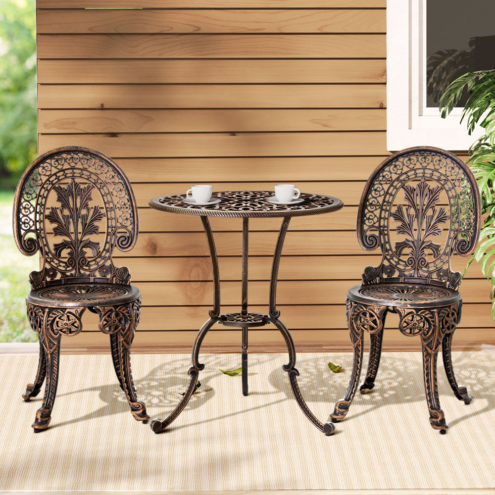 3PC Outdoor Patio Bistro Dining Set Aluminium Chairs and Table - Bronze