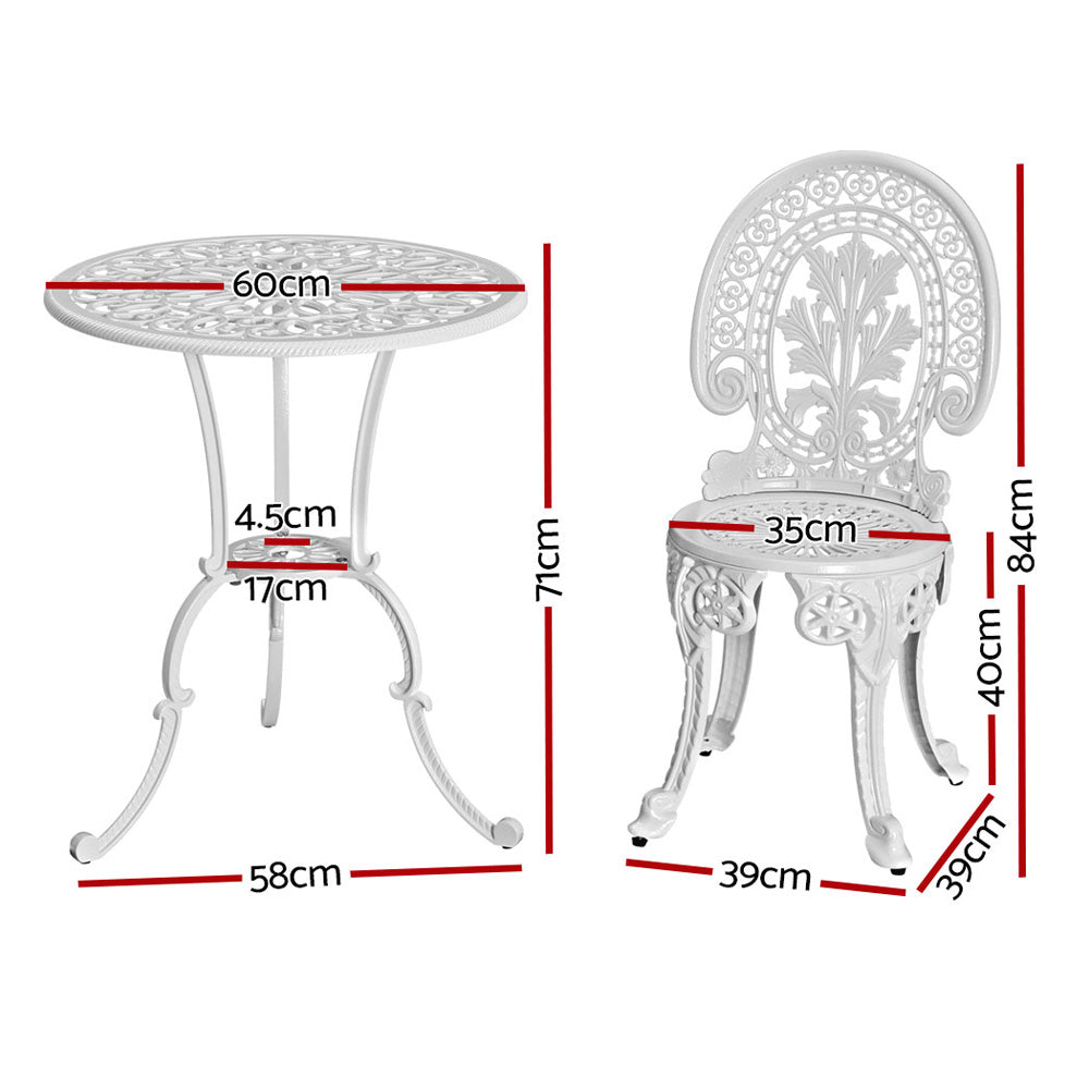 3PC Outdoor Aluminium Bistro Set with Dining Chairs - White