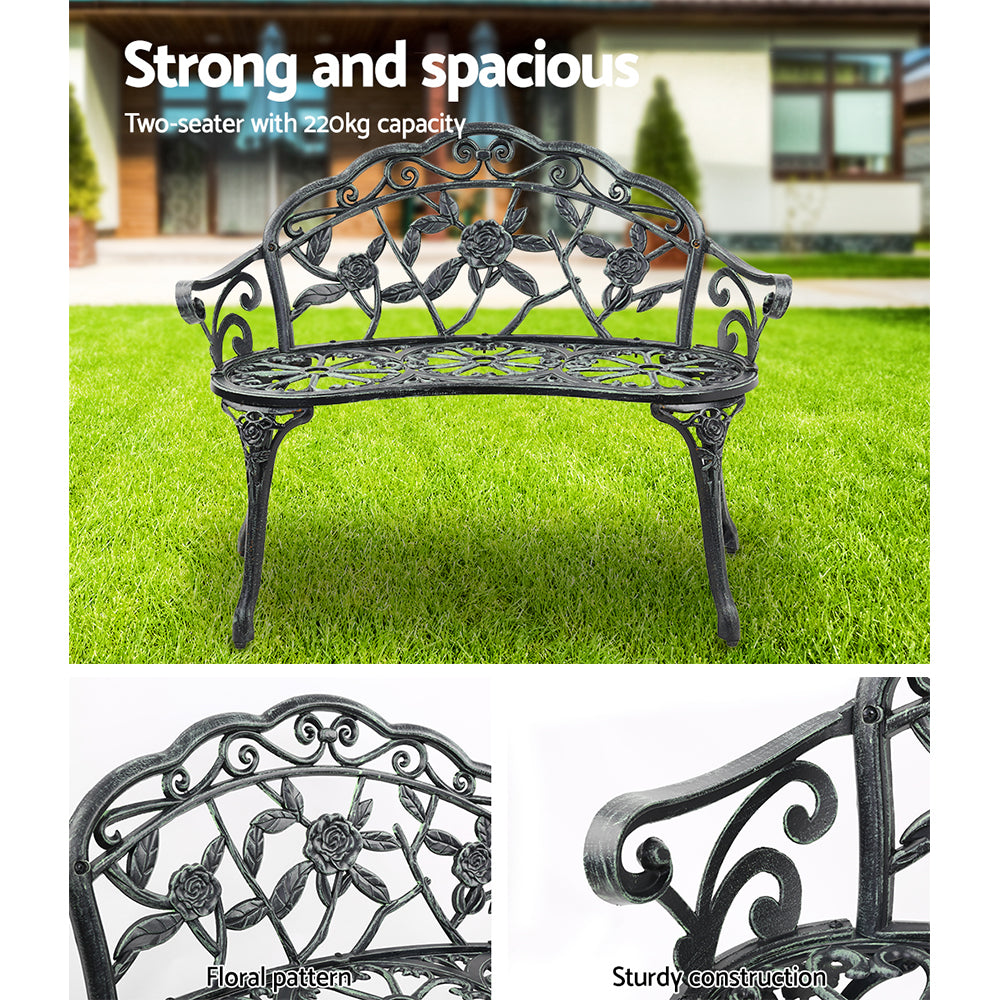 Outdoor Garden Bench Seat 100cm Cast Aluminium Patio Chair - Vintage Green