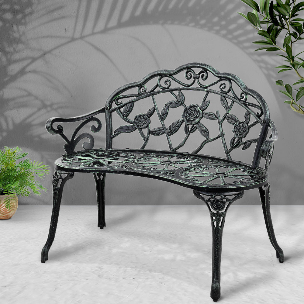 Outdoor Garden Bench Seat 100cm Cast Aluminium Patio Chair - Vintage Green