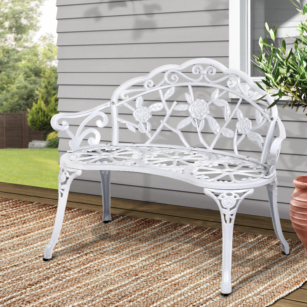 Outdoor Garden Bench Seat 100cm Cast Aluminium Patio Chair - Vintage White