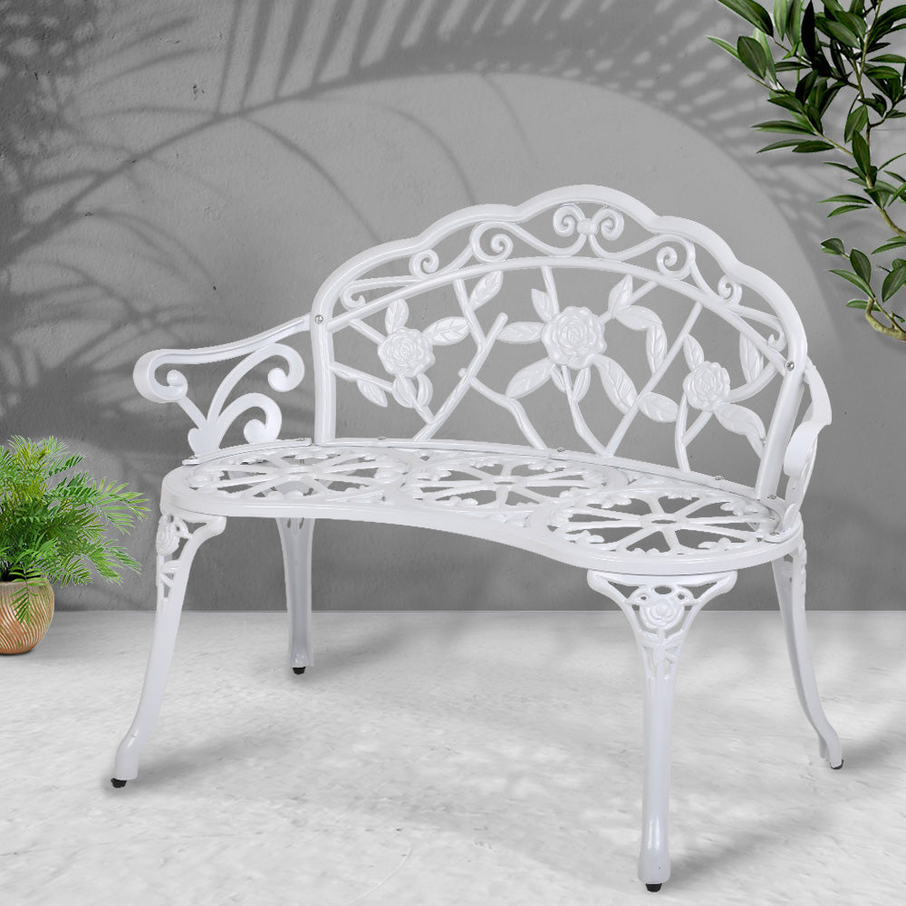 Outdoor Garden Bench Seat 100cm Cast Aluminium Patio Chair - Vintage White
