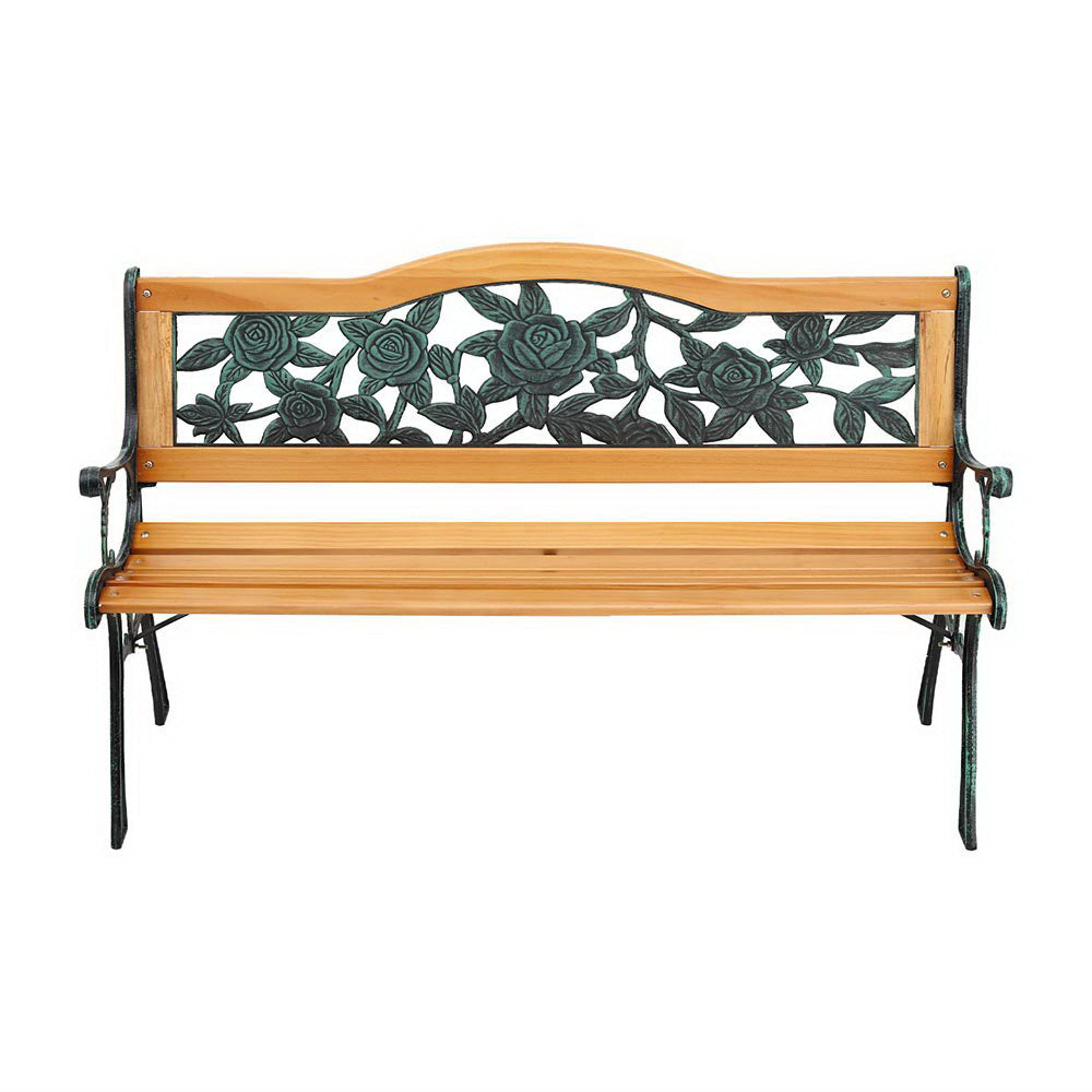 Wooden Garden Bench with Cast Iron Frame Rose Backrest Natural
