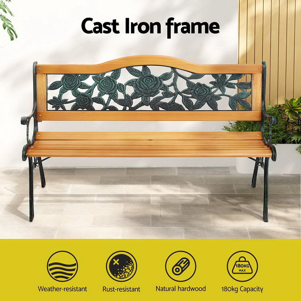 Wooden Outdoor Garden Bench Seat with Cast Iron Pattern