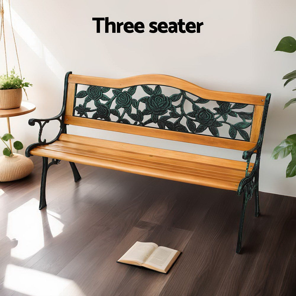 Wooden Outdoor Garden Bench Seat with Cast Iron Pattern