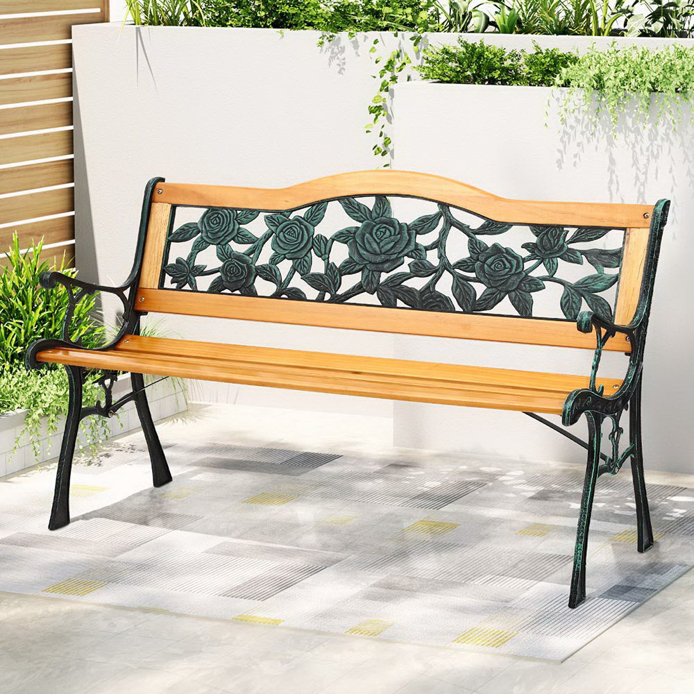 Wooden Outdoor Garden Bench Seat with Cast Iron Pattern