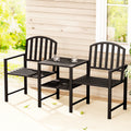 Outdoor 2-Seater Garden Bench with Table and Parasol Hole - Black Steel