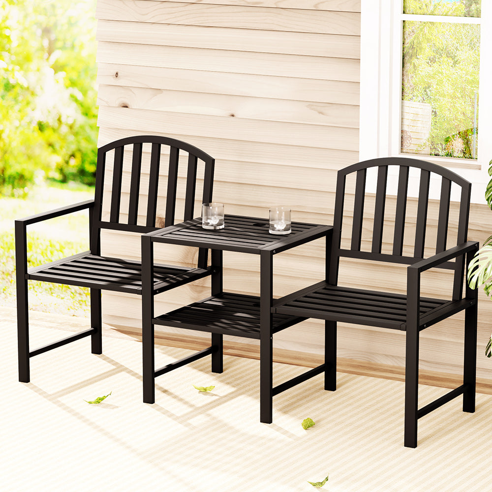 Outdoor 2-Seater Garden Bench with Table and Parasol Hole - Black Steel
