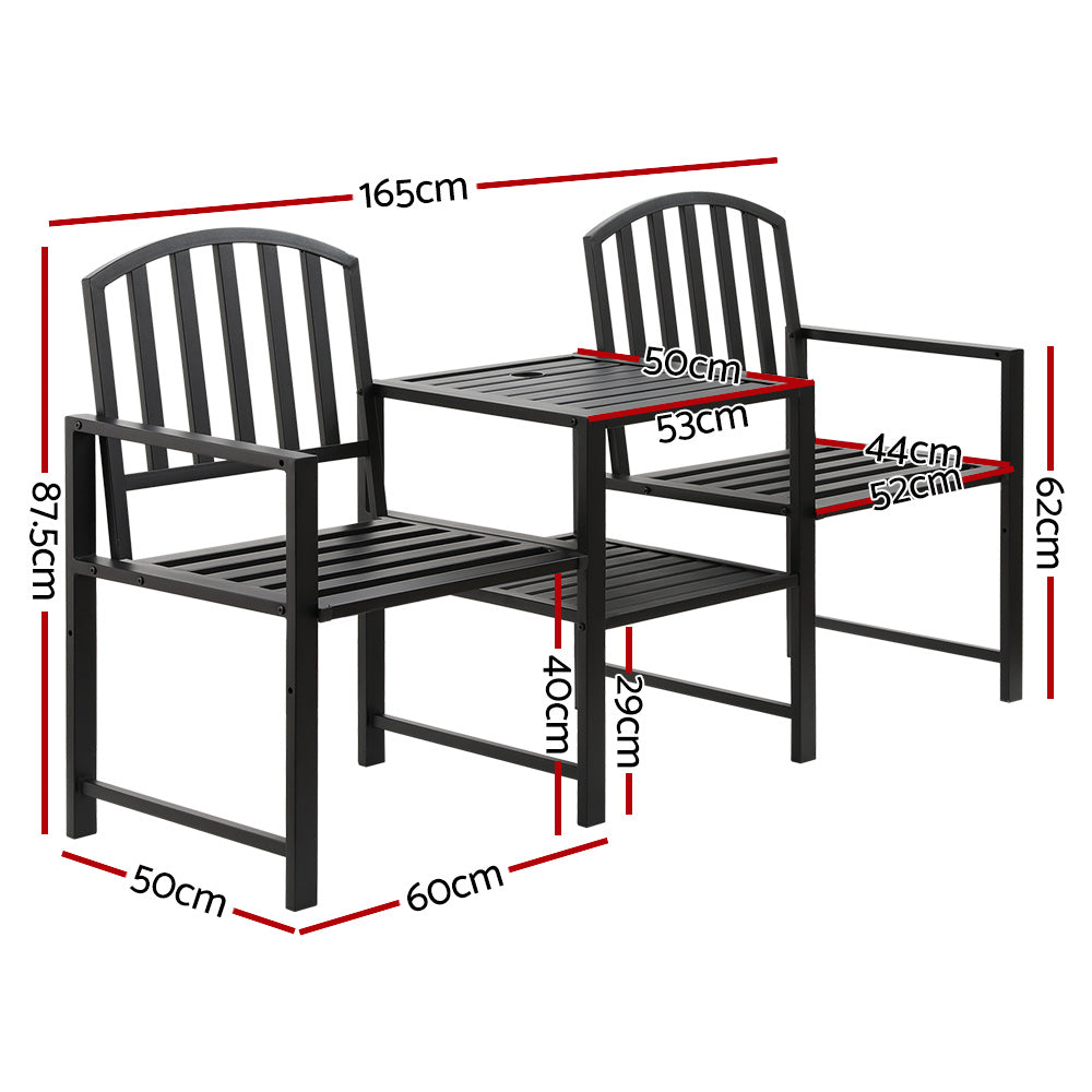 Outdoor 2-Seater Garden Bench with Table and Parasol Hole - Black Steel