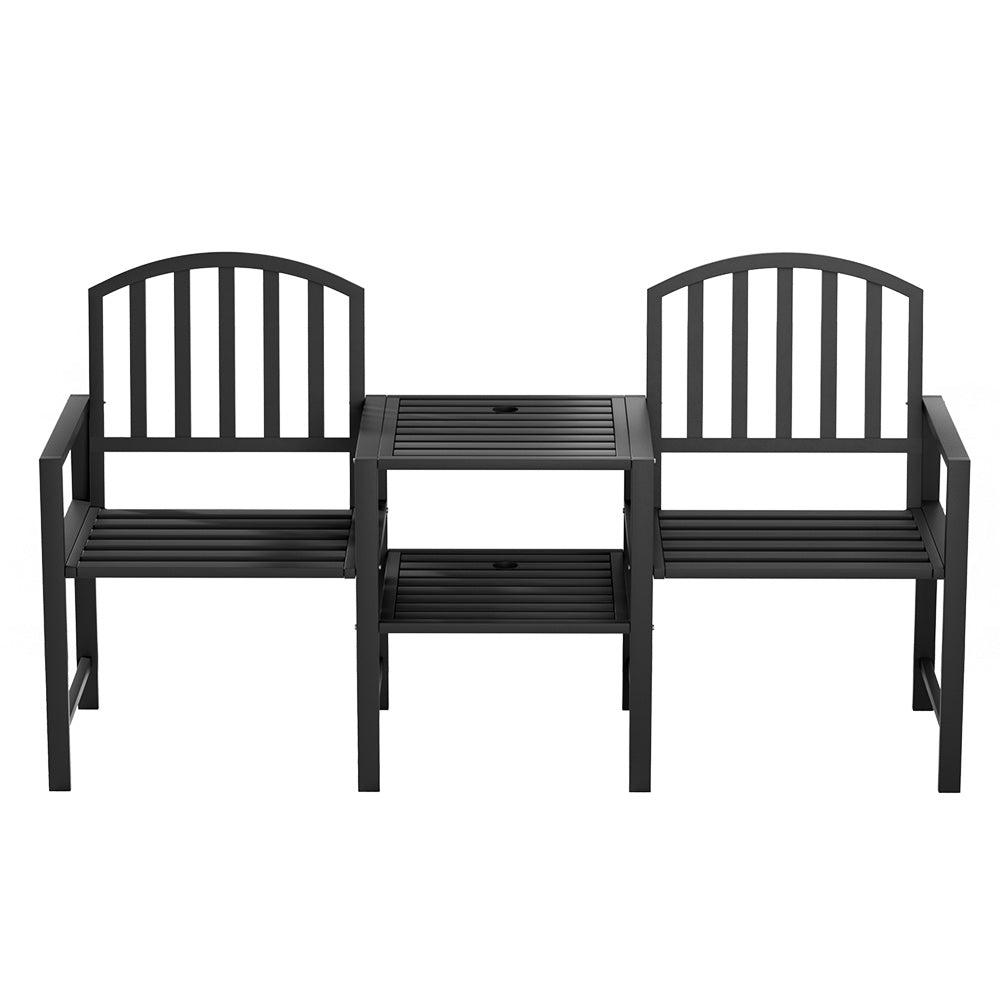 Outdoor 2-Seater Garden Bench with Table and Parasol Hole - Black Steel