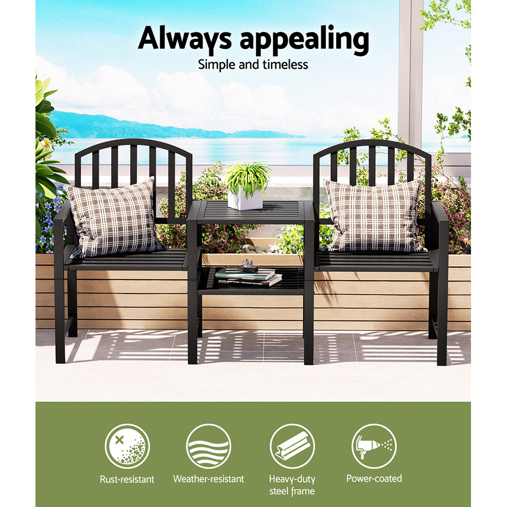 Outdoor 2-Seater Garden Bench with Table and Parasol Hole - Black Steel