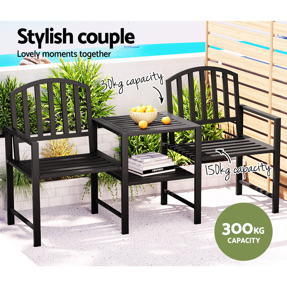 Outdoor 2-Seater Garden Bench with Table and Parasol Hole - Black Steel