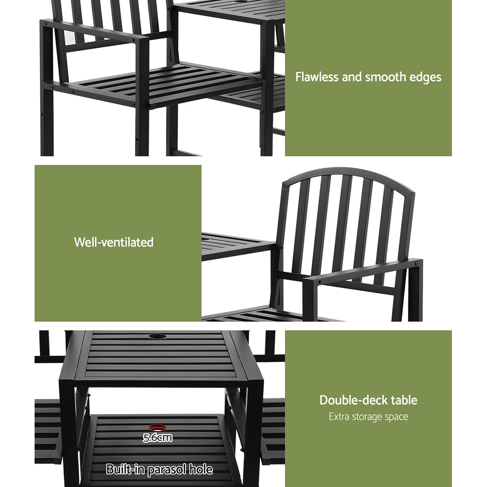 Outdoor 2-Seater Garden Bench with Table and Parasol Hole - Black Steel