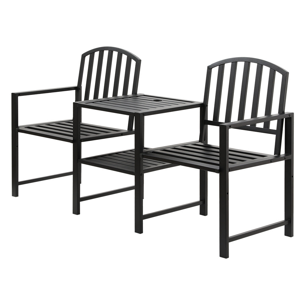 Outdoor 2-Seater Garden Bench with Table and Parasol Hole - Black Steel
