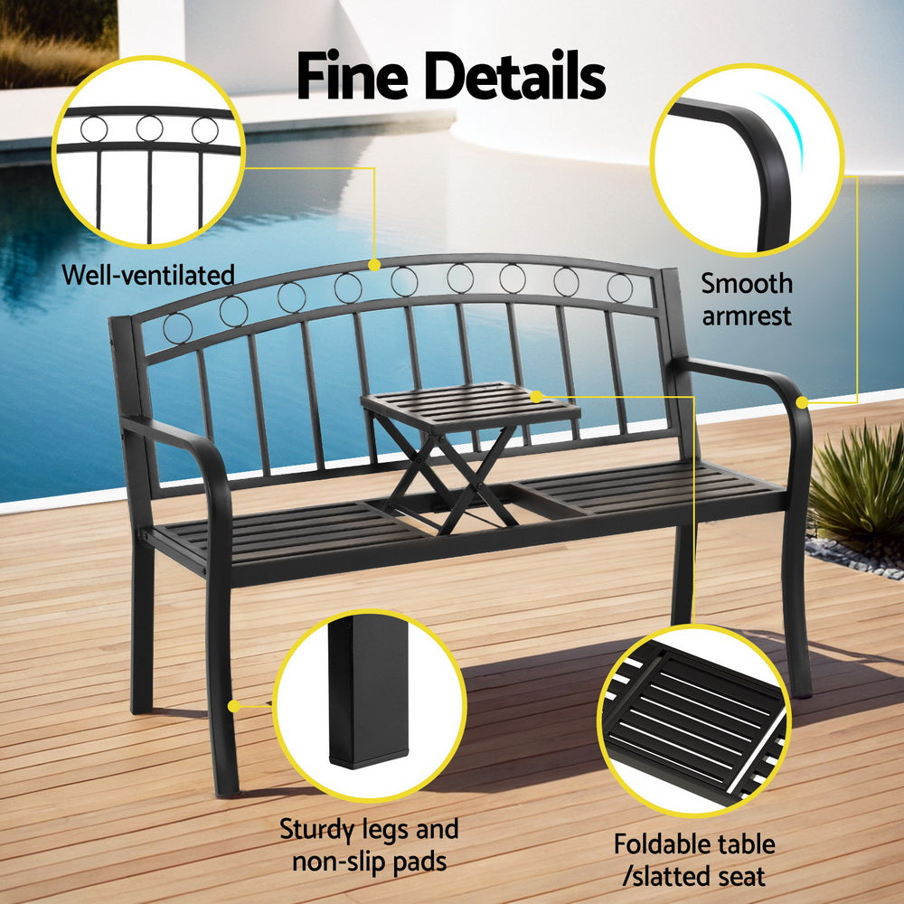 Outdoor Garden Bench Seat with Foldable Table - Black