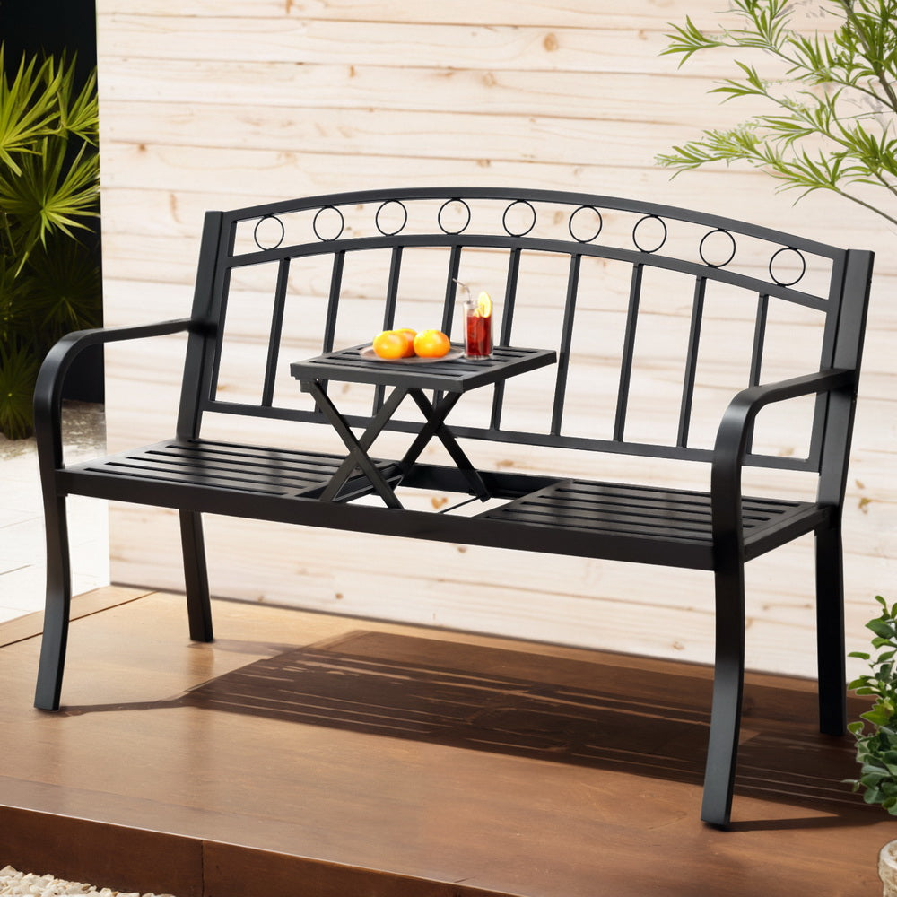 Outdoor Garden Bench Seat with Foldable Table - Black