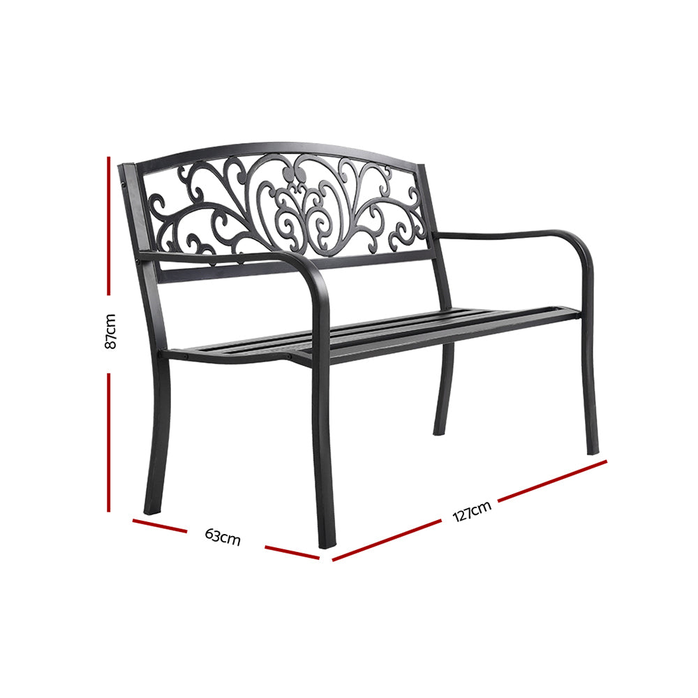 Outdoor Steel Garden Bench 3 Seater with Backrest - Black