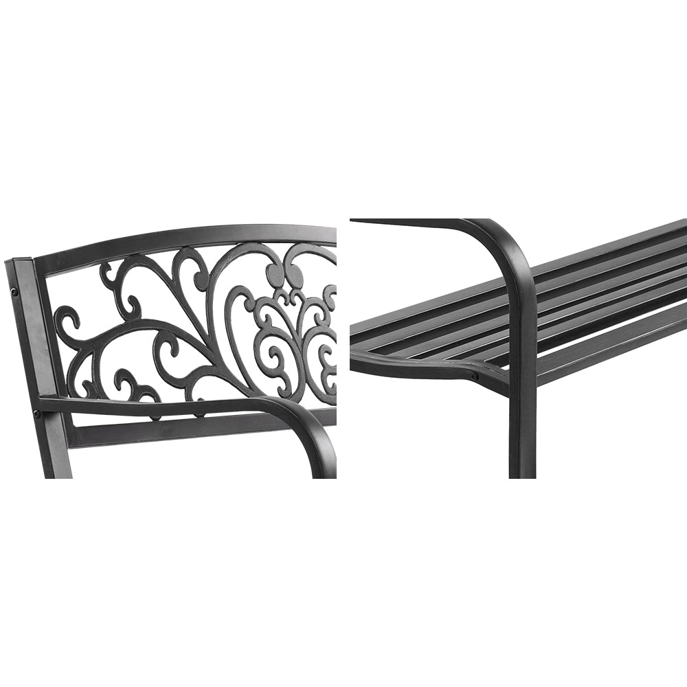 Outdoor Steel Garden Bench 3 Seater with Backrest - Black
