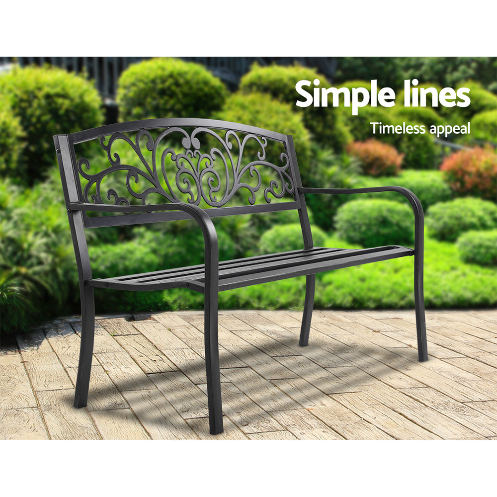 Outdoor Steel Garden Bench 3 Seater with Backrest - Black