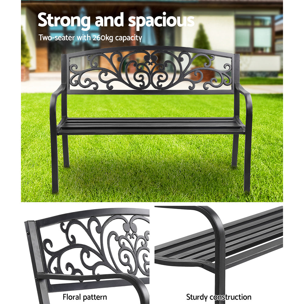Outdoor Steel Garden Bench 3 Seater with Backrest - Black