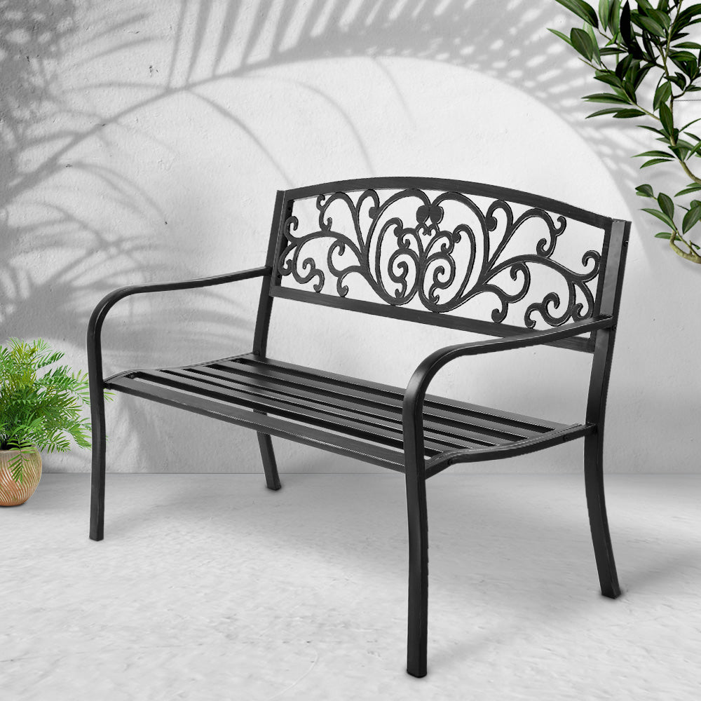 Outdoor Steel Garden Bench 3 Seater with Backrest - Black