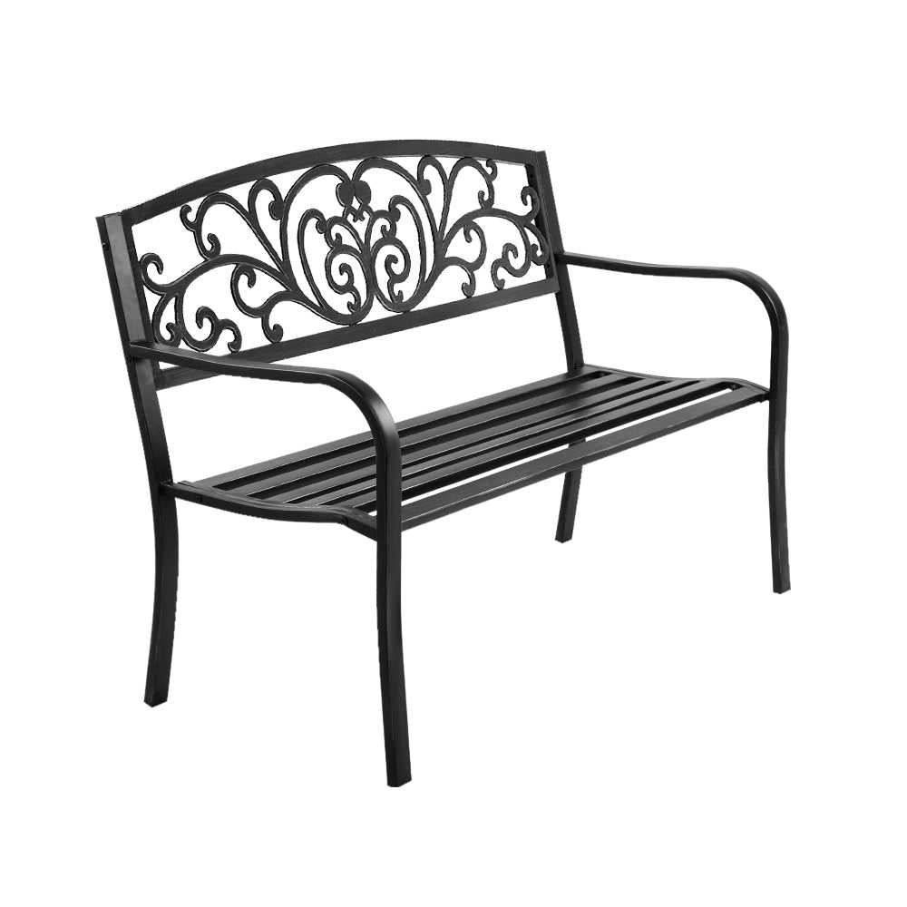 Outdoor Steel Garden Bench 3 Seater with Backrest - Black