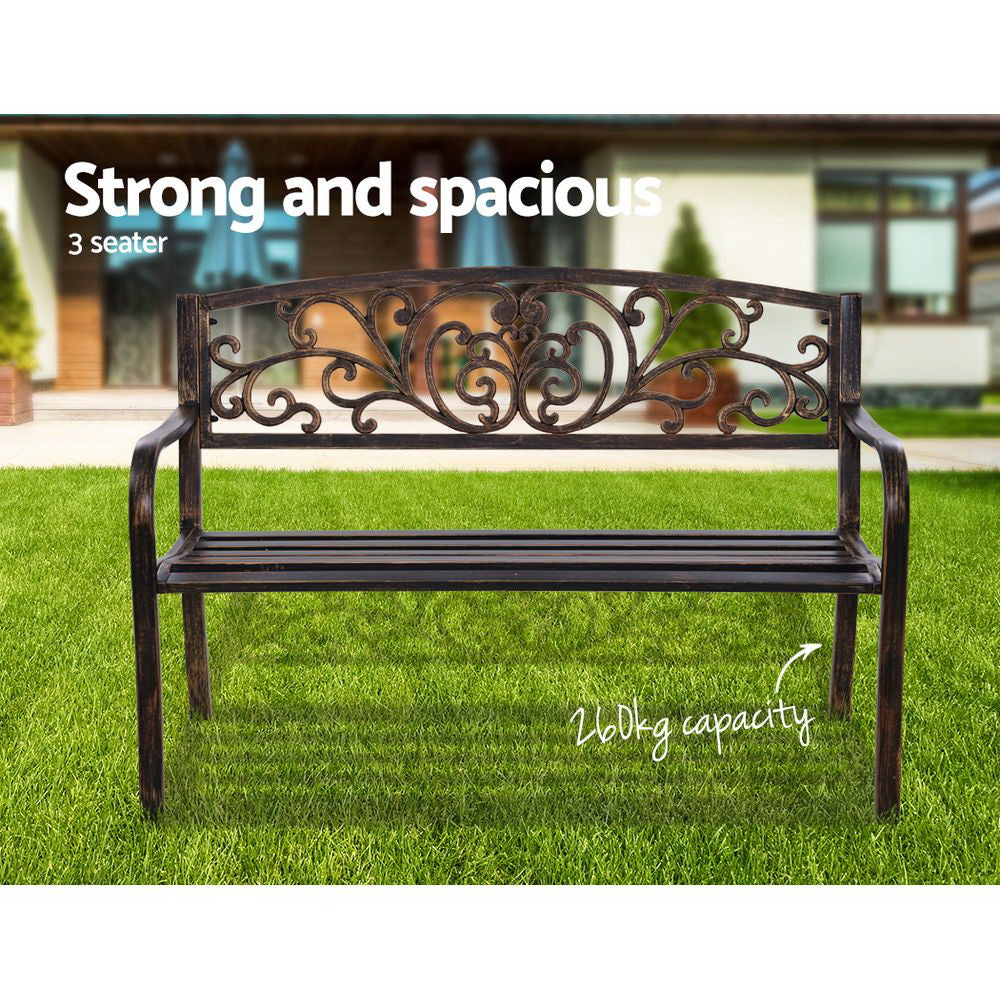 Outdoor Garden Bench 3 Seater Steel Park Seat - Black