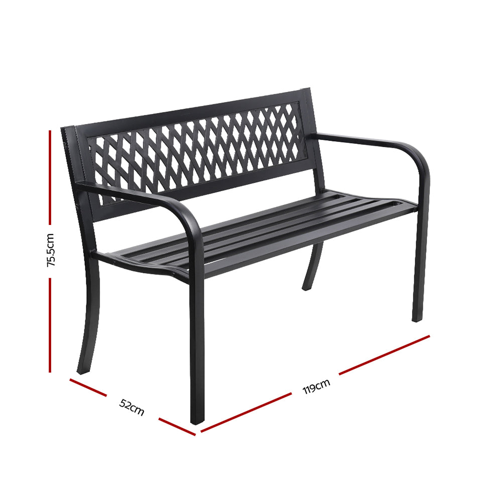 Outdoor Steel Garden Bench 2 Seater with Backrest - Black