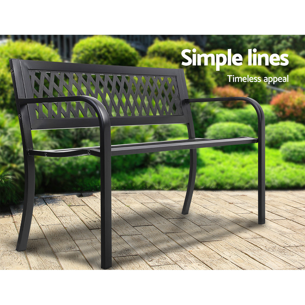 Outdoor Steel Garden Bench 2 Seater with Backrest - Black