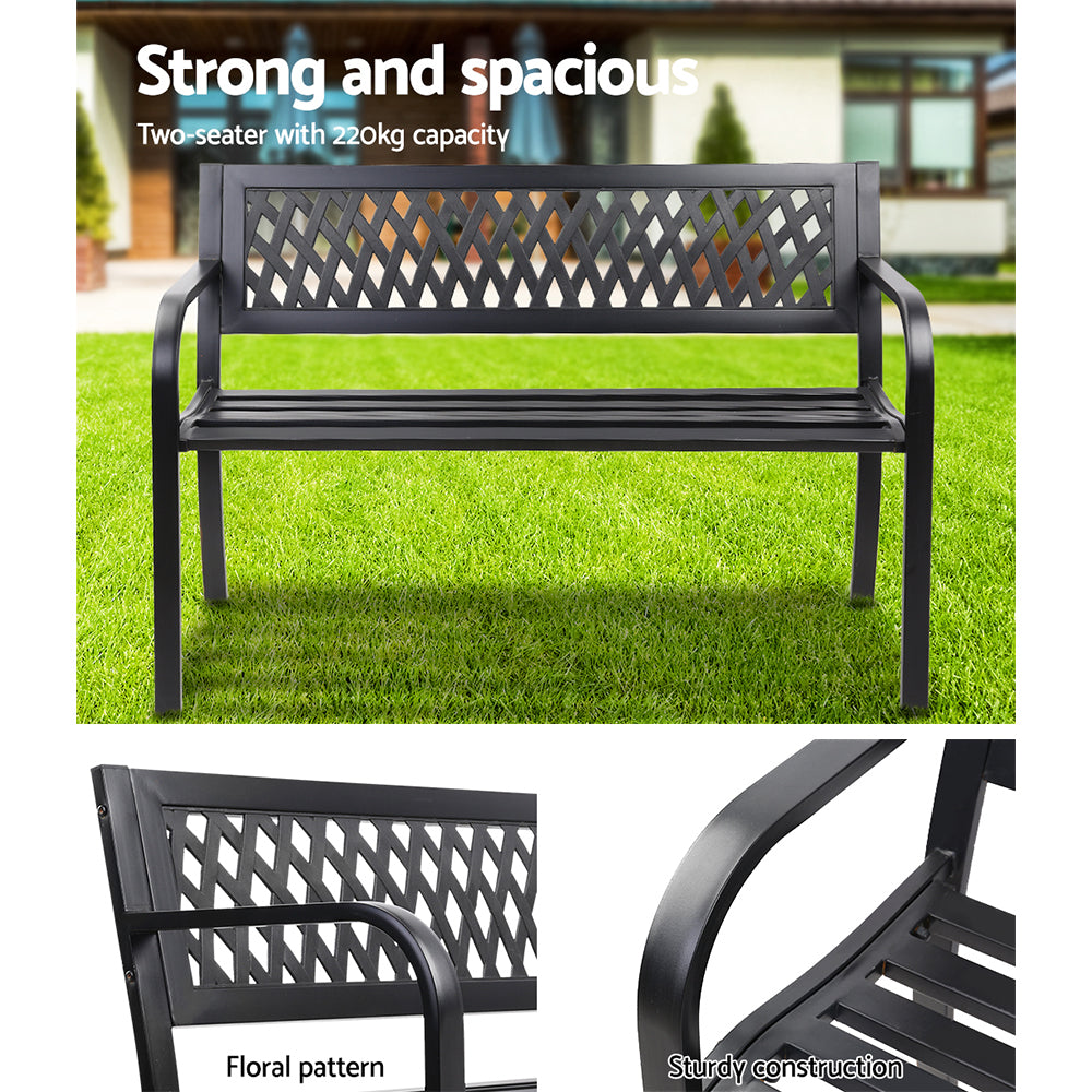 Outdoor Steel Garden Bench 2 Seater with Backrest - Black