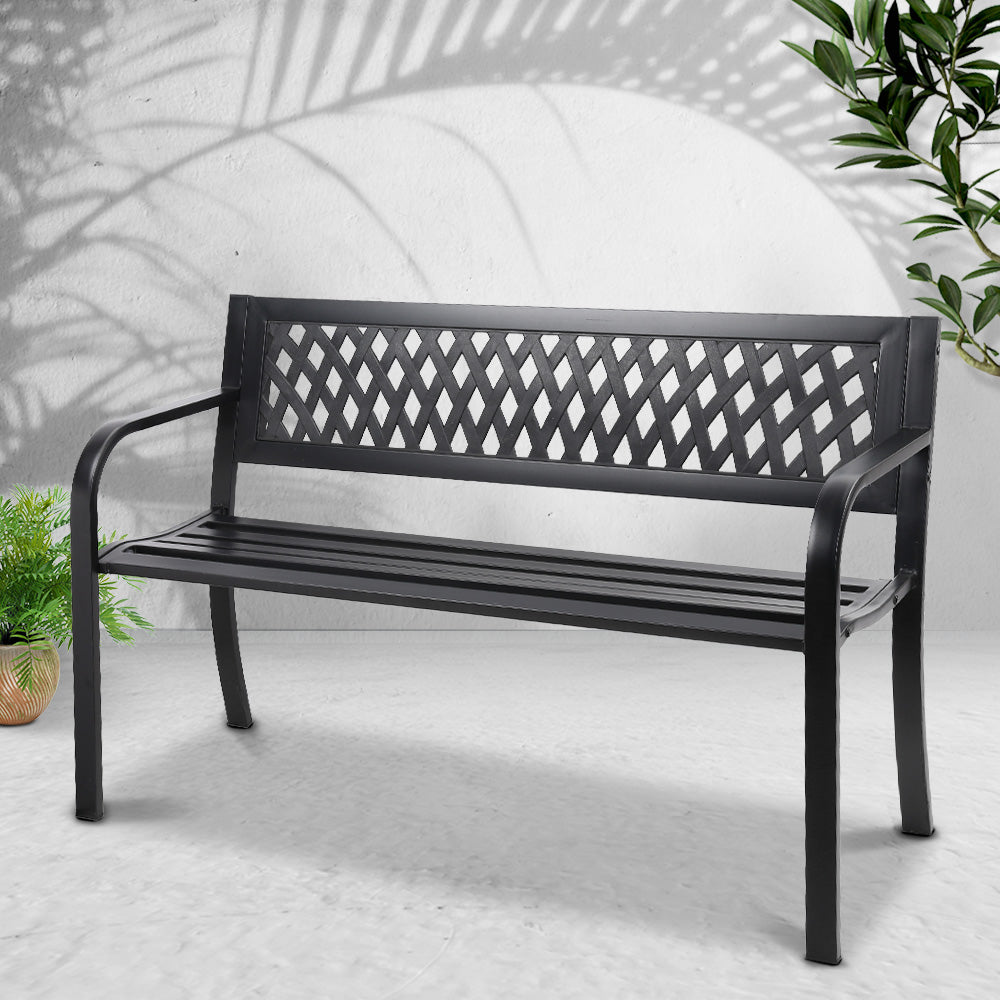 Outdoor Steel Garden Bench 2 Seater with Backrest - Black