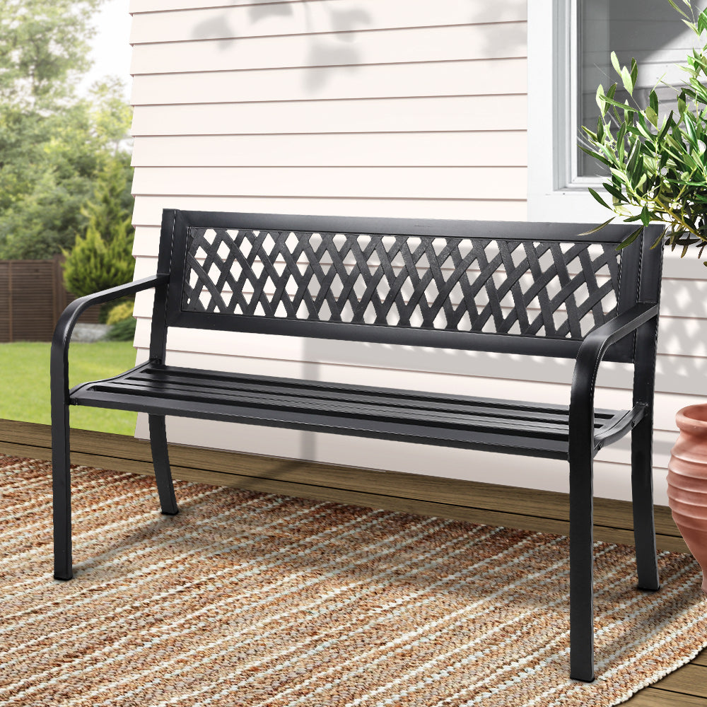 Outdoor Steel Garden Bench 2 Seater with Backrest - Black