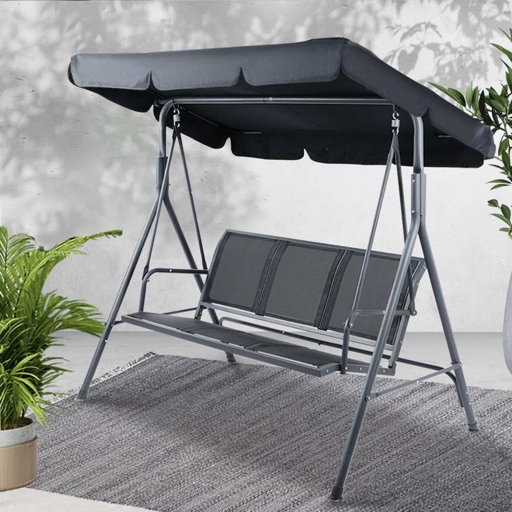 Outdoor 3-Seater Swing Chair with Adjustable Canopy Mesh - Black
