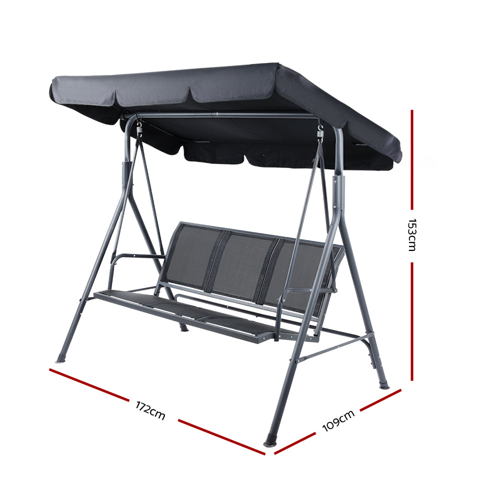 Outdoor 3-Seater Swing Chair with Adjustable Canopy Mesh - Black