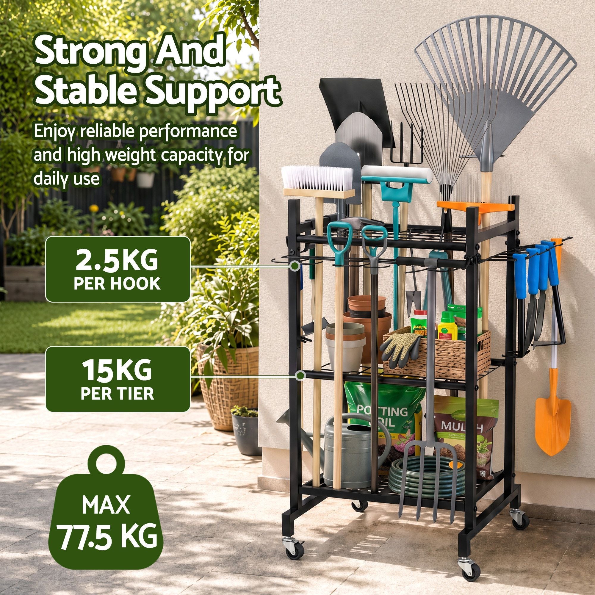 Garden Tool Organizer with Wheels Heavy Duty Garage Yard Storage Cart