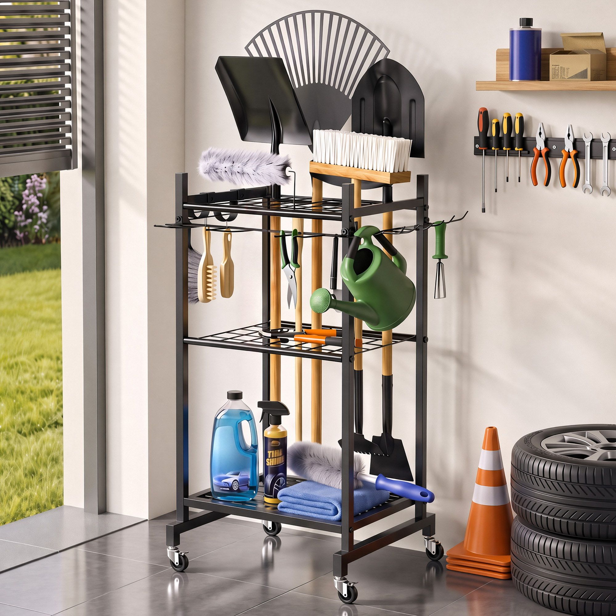 Garden Tool Organizer with Wheels Heavy Duty Garage Yard Storage Cart