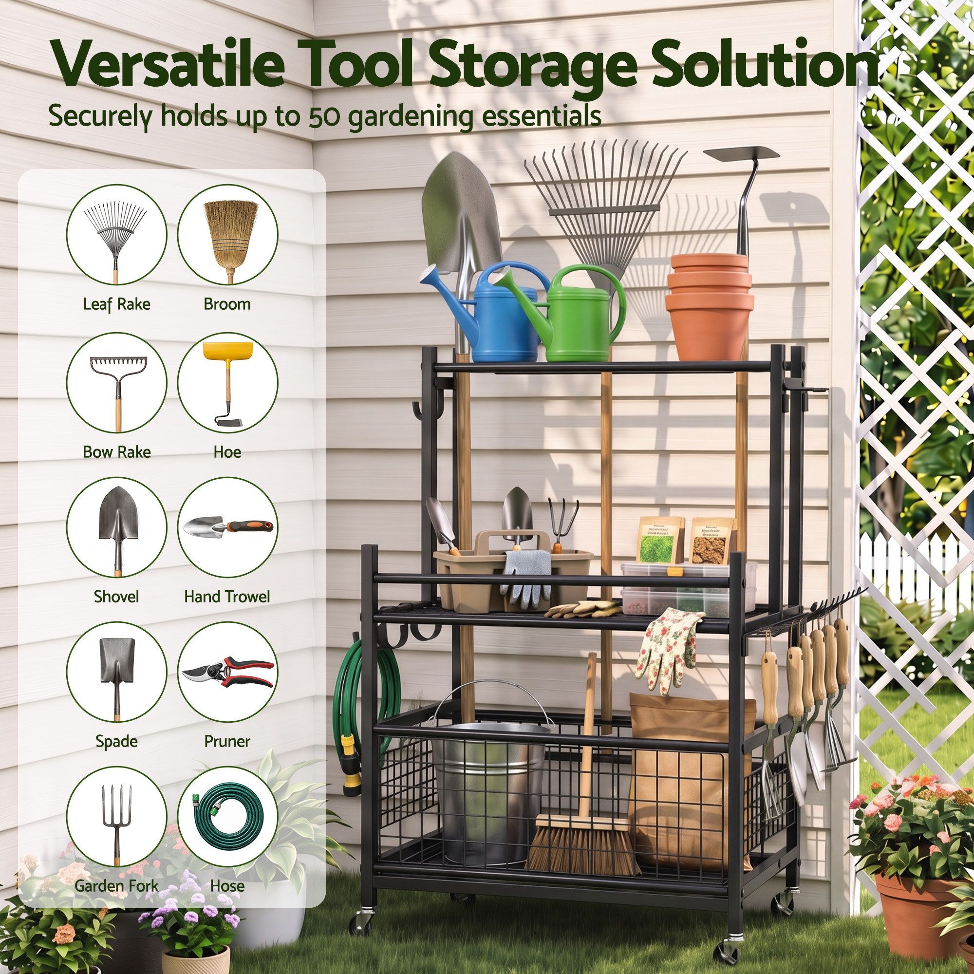 Garden Tool Organizer Rack 16 Slots Rolling Garage Storage with Hooks