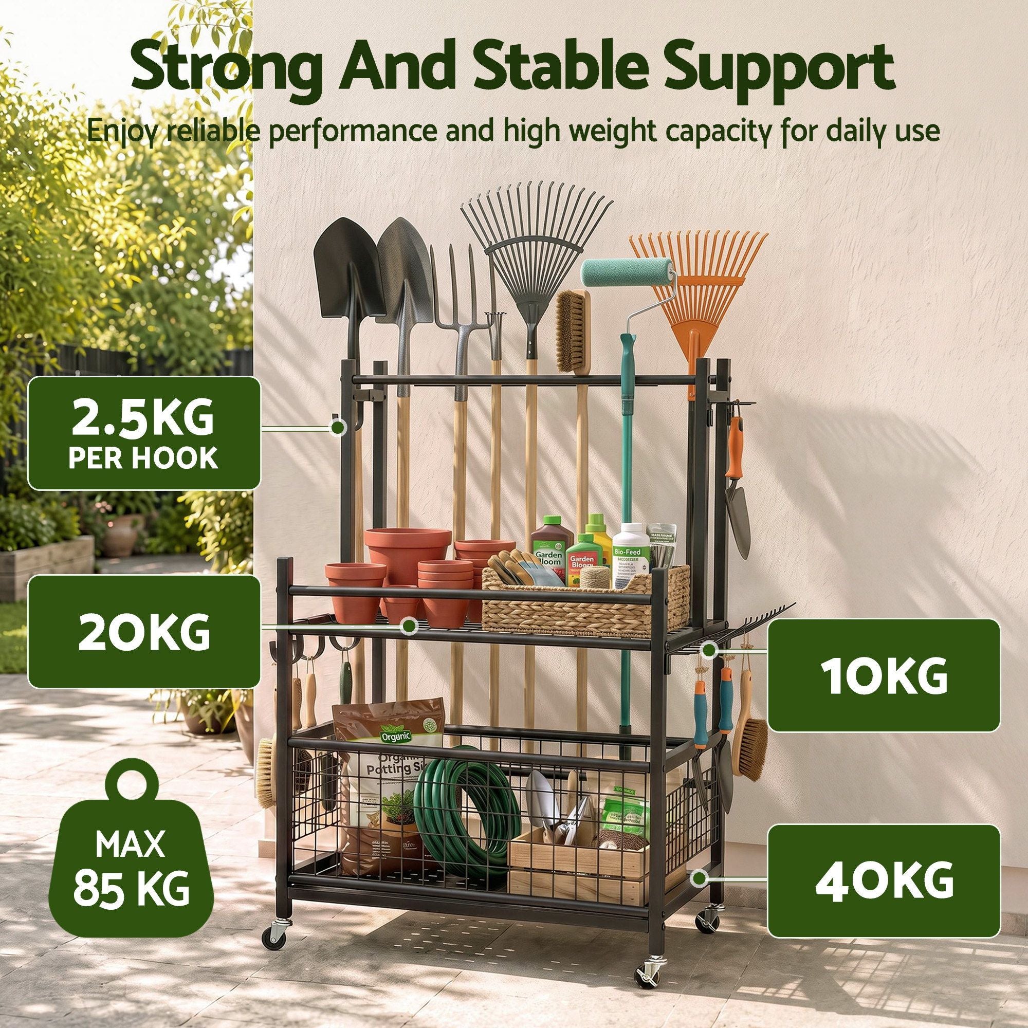 Garden Tool Organizer Rack 16 Slots Rolling Garage Storage with Hooks