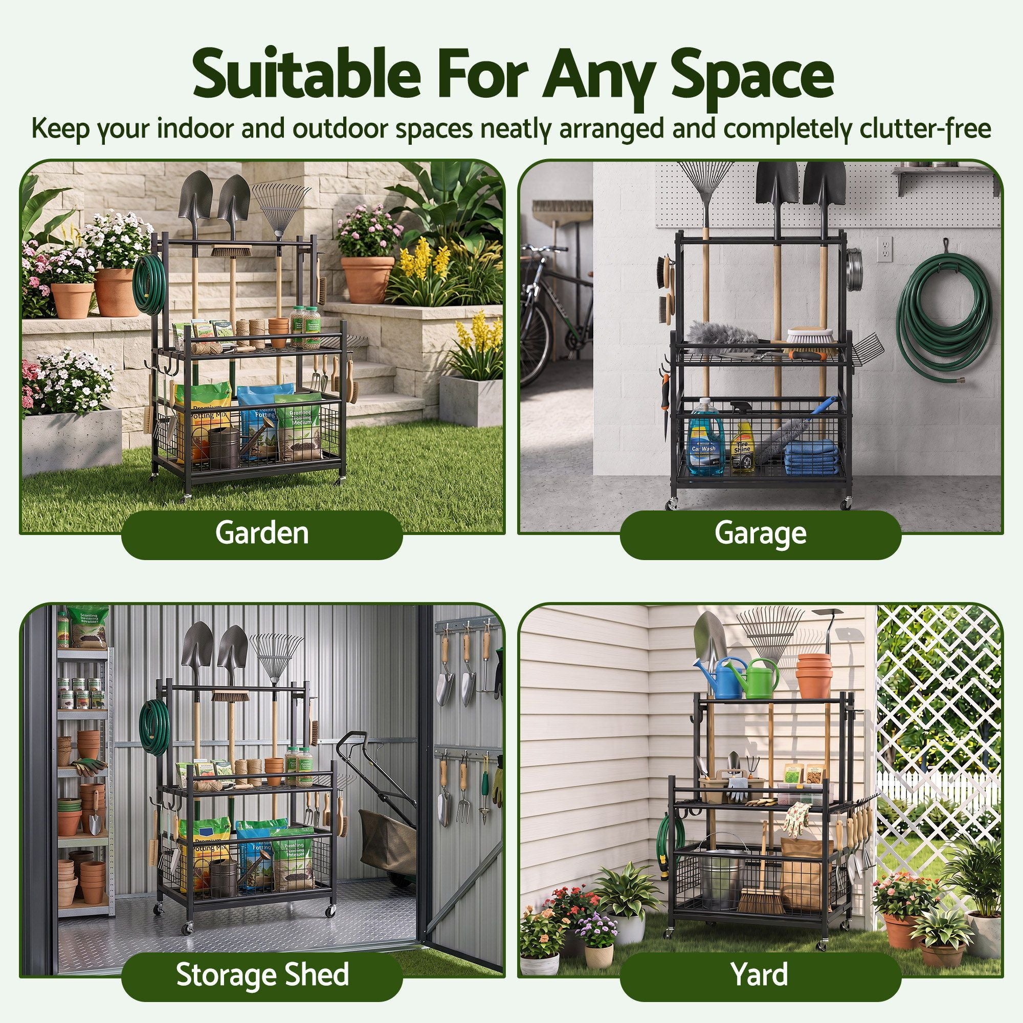 Garden Tool Organizer Rack 16 Slots Rolling Garage Storage with Hooks