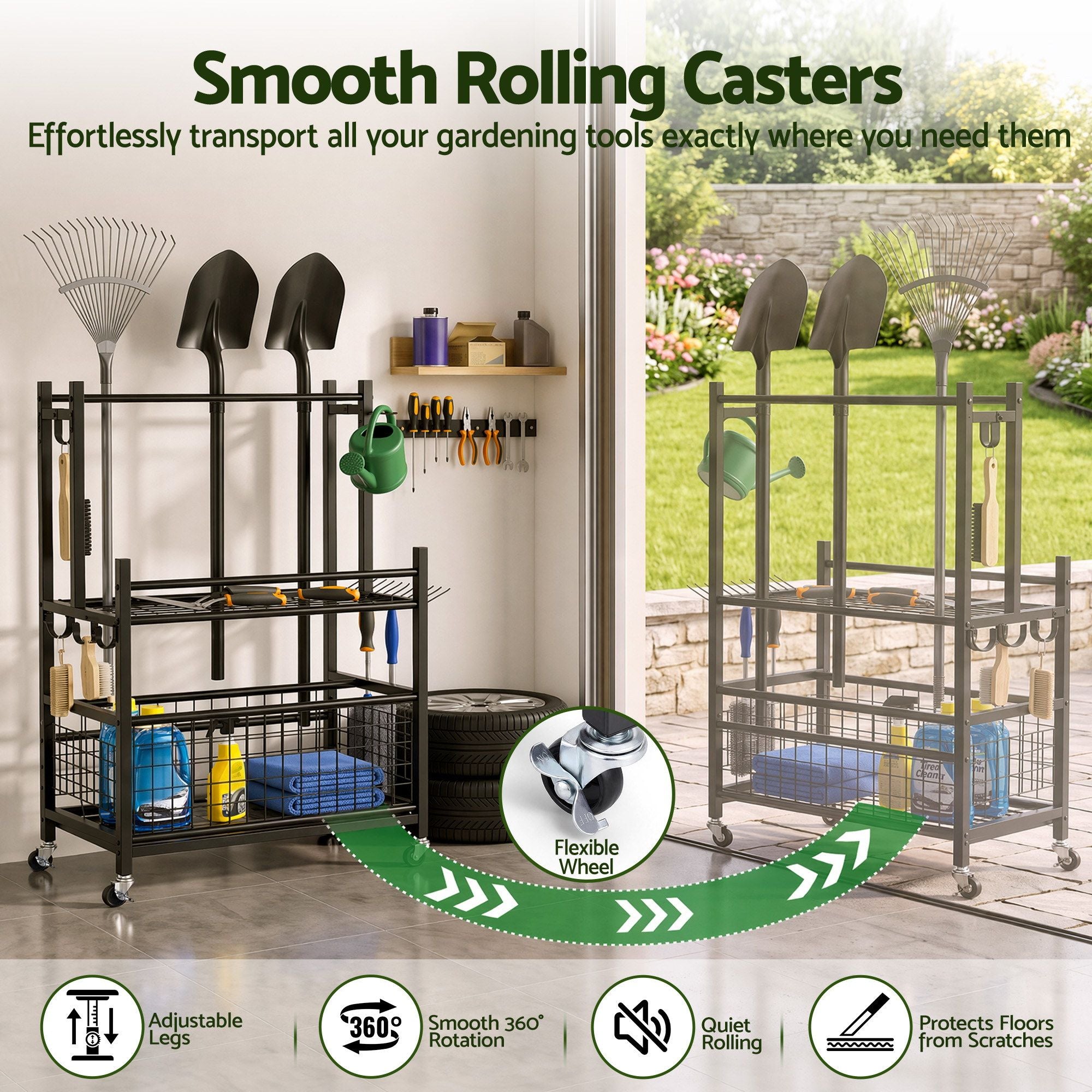 Garden Tool Organizer Rack 16 Slots Rolling Garage Storage with Hooks