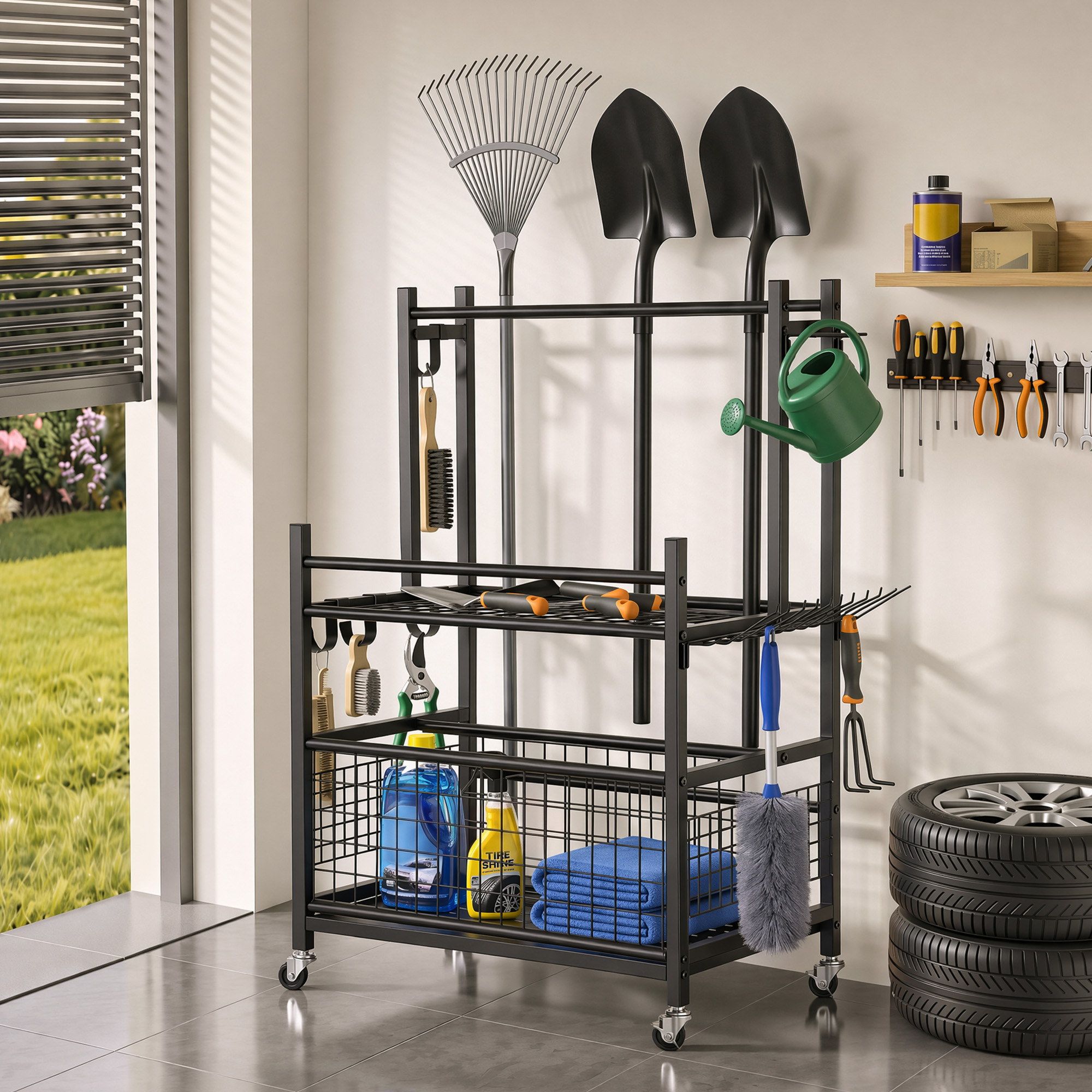 Garden Tool Organizer Rack 16 Slots Rolling Garage Storage with Hooks