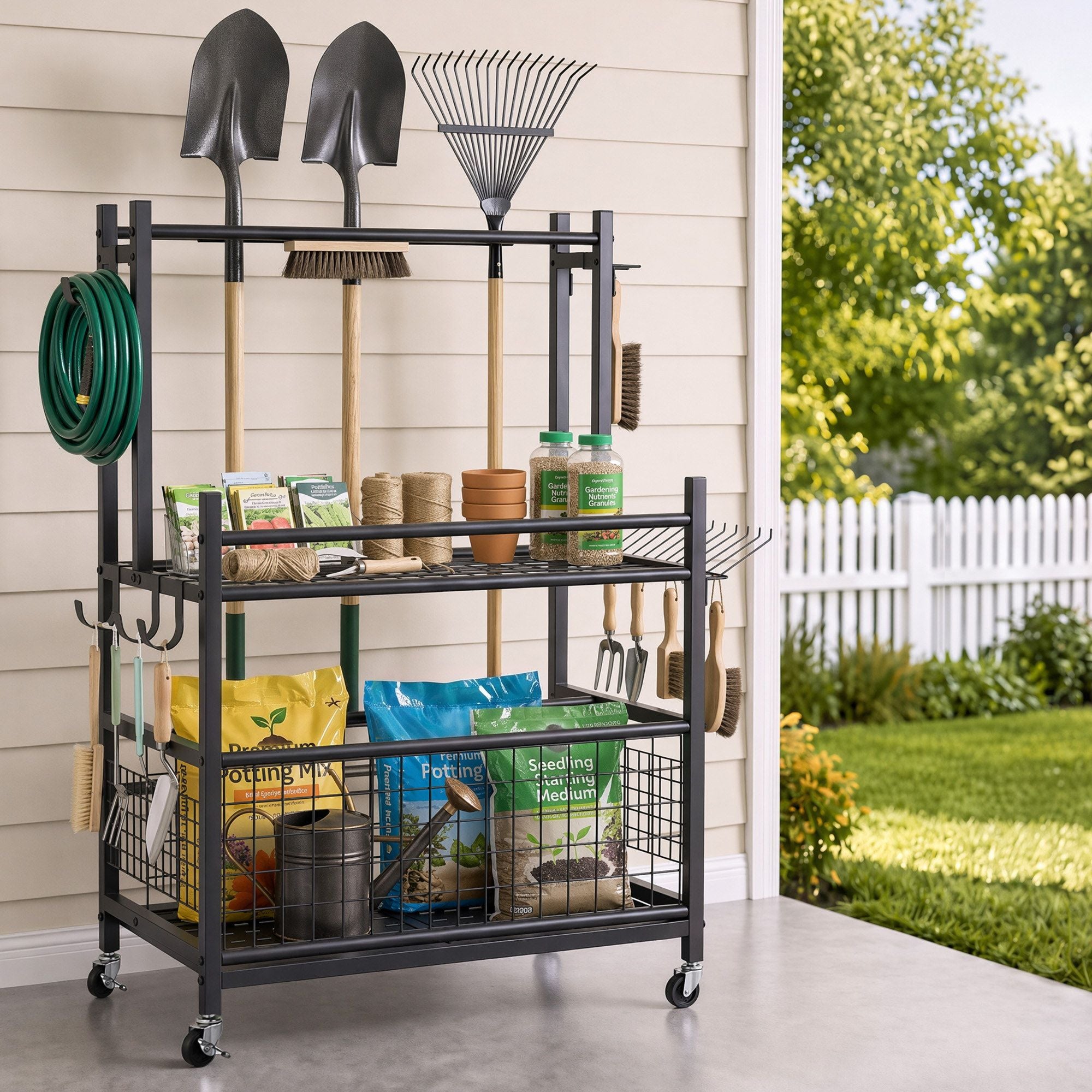 Garden Tool Organizer Rack 16 Slots Rolling Garage Storage with Hooks