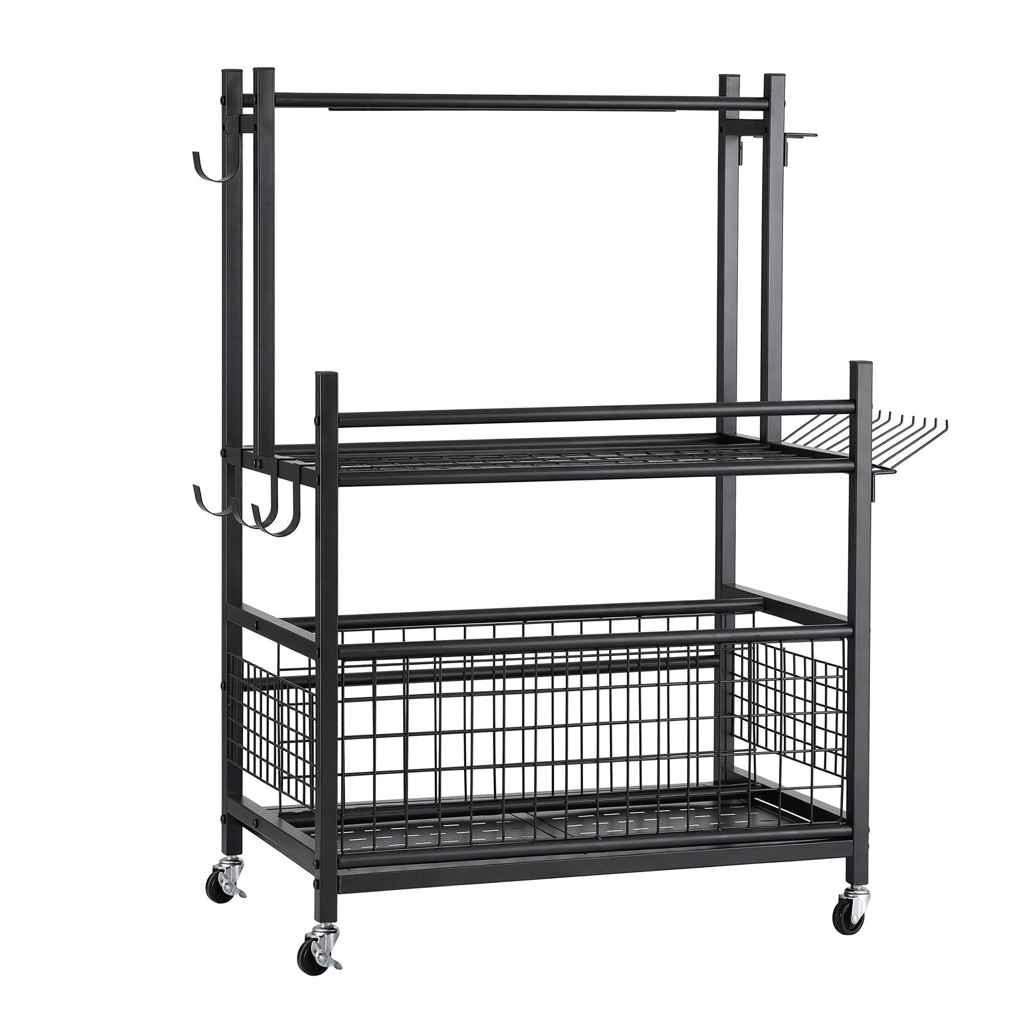Garden Tool Organizer Rack 16 Slots Rolling Garage Storage with Hooks