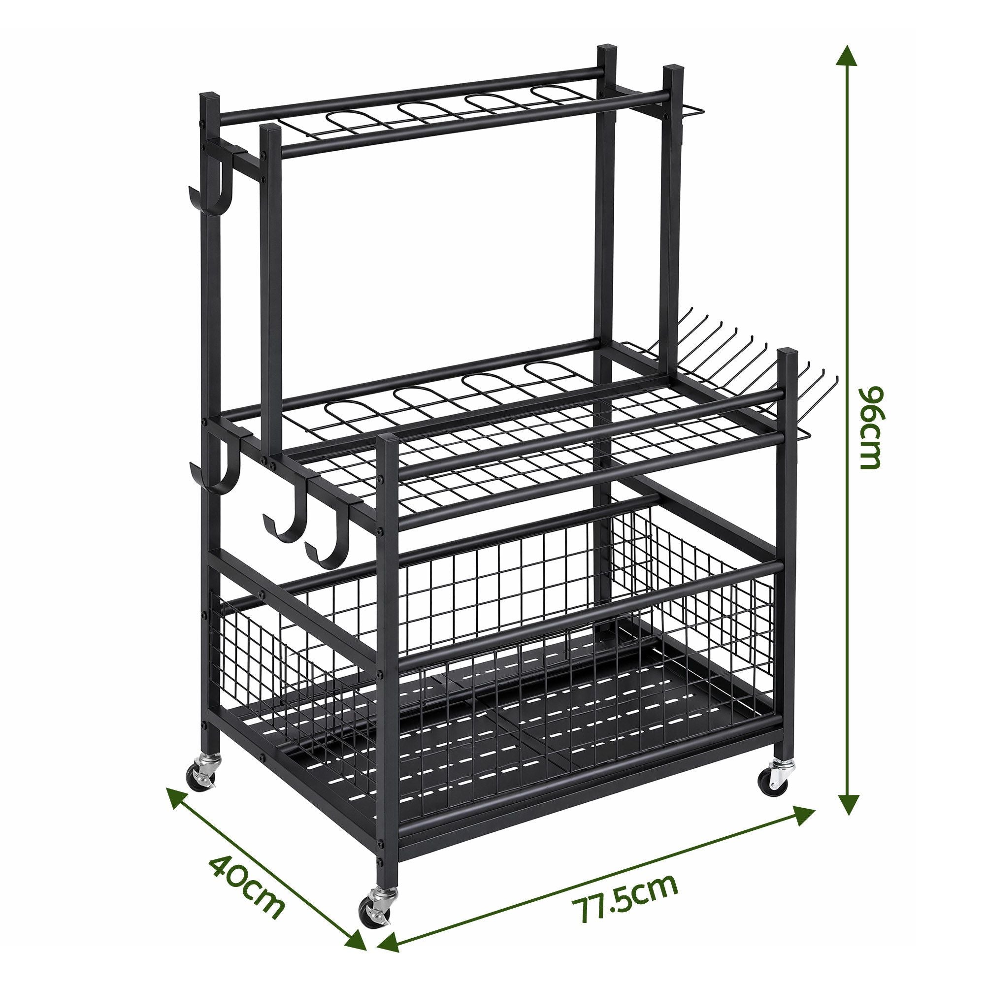 Garden Tool Organizer Rack 16 Slots Rolling Garage Storage with Hooks